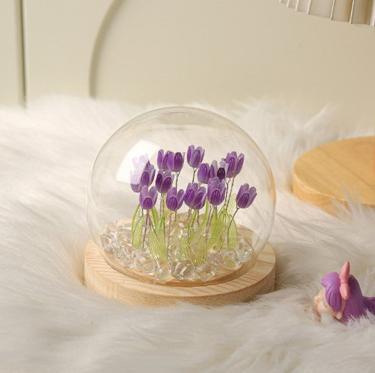 (Thirteen Purple Tulips) Glowing Tulip Dome Lamp | Wooden Base | Bedside Table Decoration