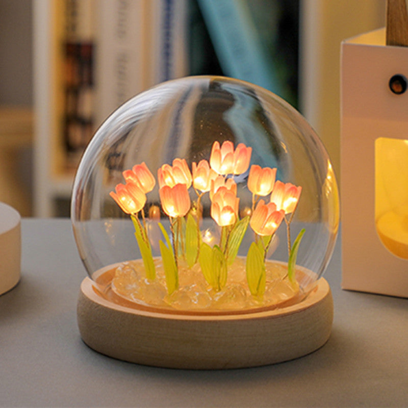 (Thirteen Pink Tulips) Glowing Tulip Dome Lamp | Wooden Base | Bedside Table Decoration
