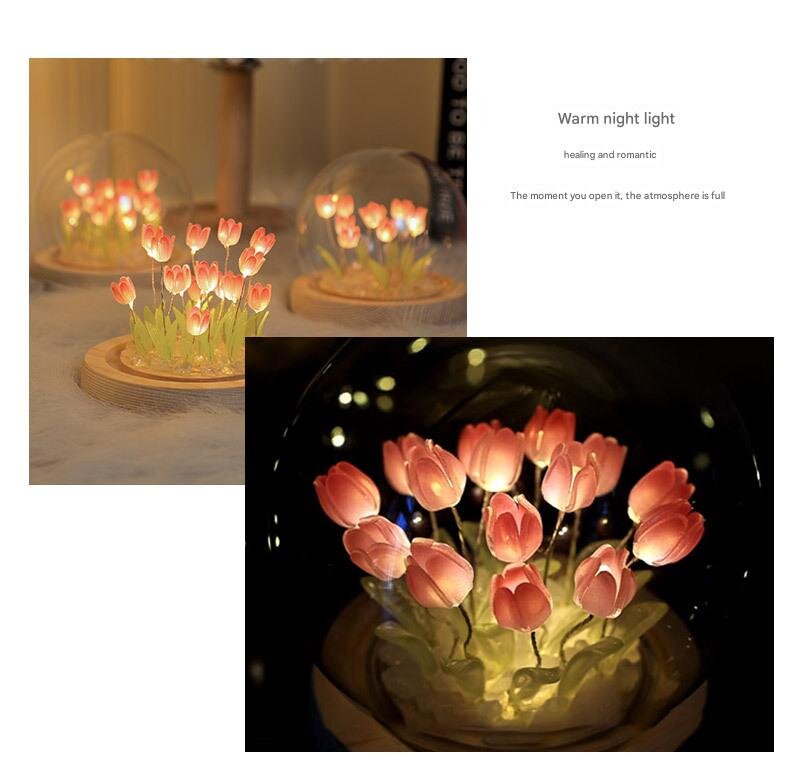 (Thirteen Pink Tulips) Glowing Tulip Dome Lamp | Wooden Base | Bedside Table Decoration