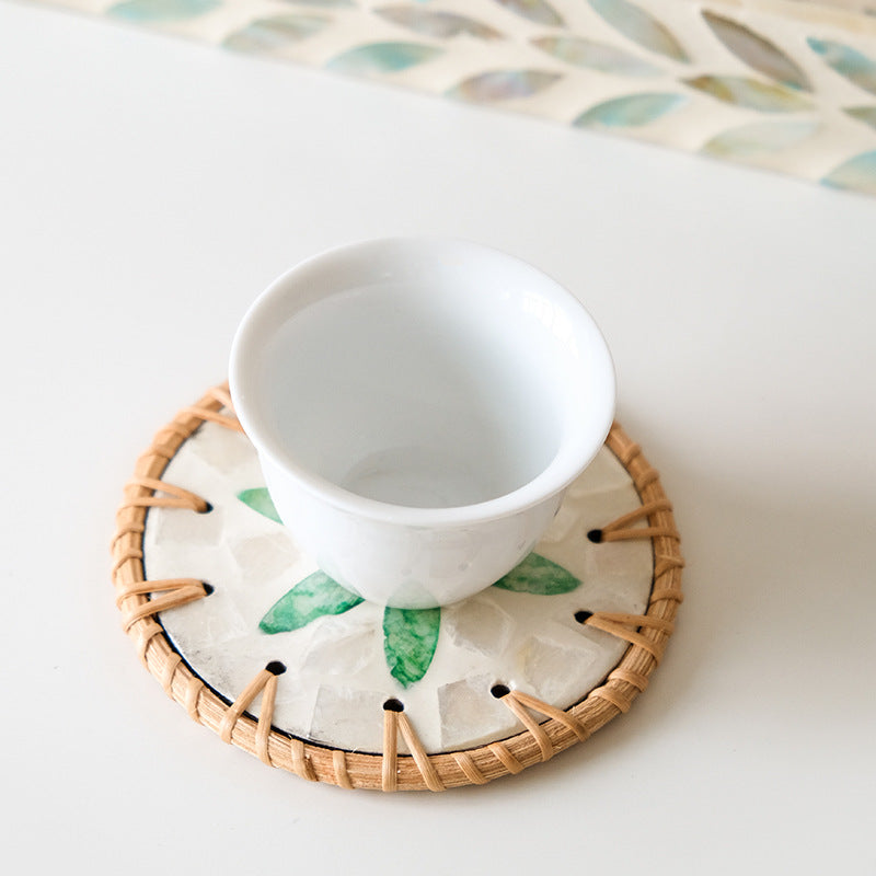 (Green Leaf Pattern) Set of 5 Rattan & Shell Coasters | Decorative & Heat Resistant