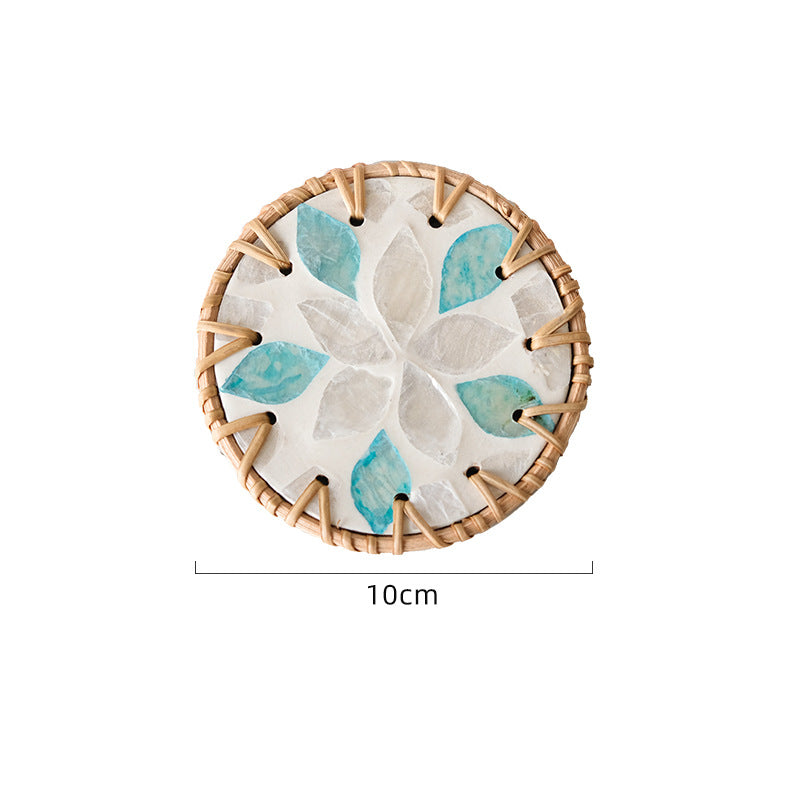 (White Orchid Leaves) Set of 5 Rattan & Shell Coasters | Decorative & Heat Resistant