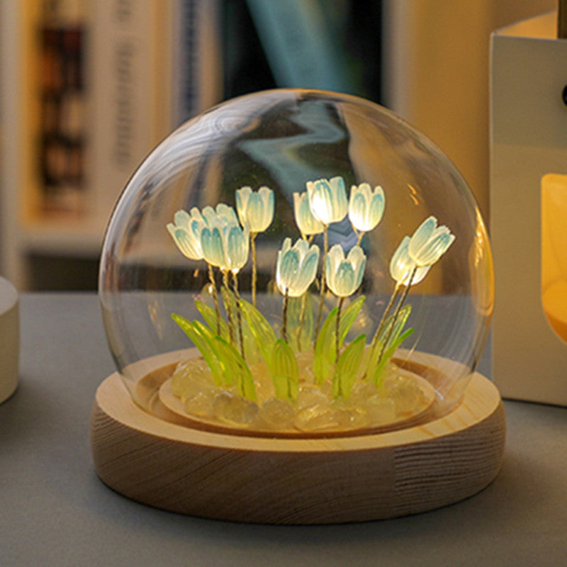 (Twenty Blue Tulips) Glowing Tulip Dome Lamp | Wooden Base | Bedside Table Decoration