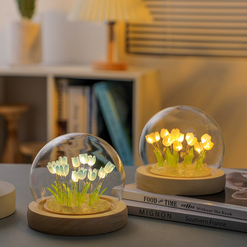 (Twenty Blue Tulips) Glowing Tulip Dome Lamp | Wooden Base | Bedside Table Decoration