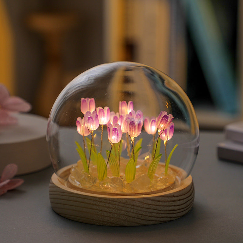 (Twenty Purple Tulips) Glowing Tulip Dome Lamp | Wooden Base | Bedside Table Decoration