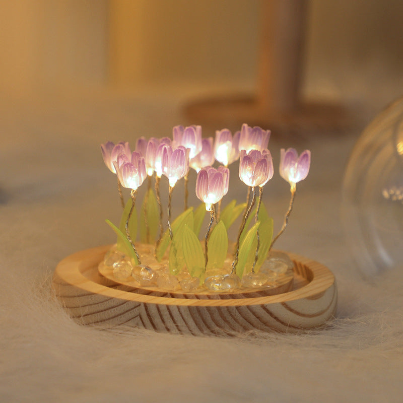 (Twenty Purple Tulips) Glowing Tulip Dome Lamp | Wooden Base | Bedside Table Decoration