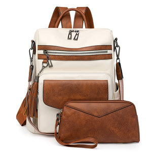 White & Brown Fashionable Women's Backpack Set | Coin Purse | Tassels | Stylish Design