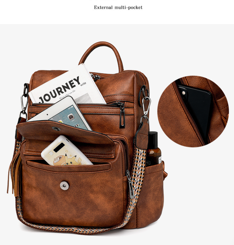 White & Brown Fashionable Women's Backpack Set | Coin Purse | Tassels | Stylish Design