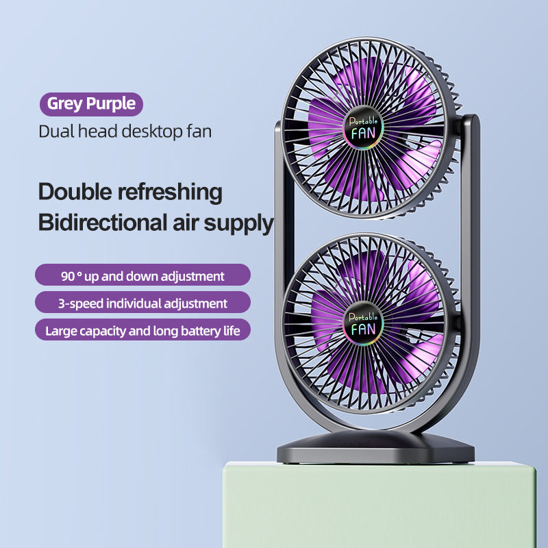Desk Fan | USB Rechargeable | Dual Head | Portable Double Air Circulator | Purple