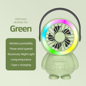 Astronaut Desk Fan | Green | USB Rechargeable | RGB Night Light | Portable Cooling