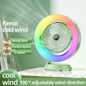 RGB Desktop Fan | White | USB Rechargeable | 3-Speed | 180° Adjustable | LED Light