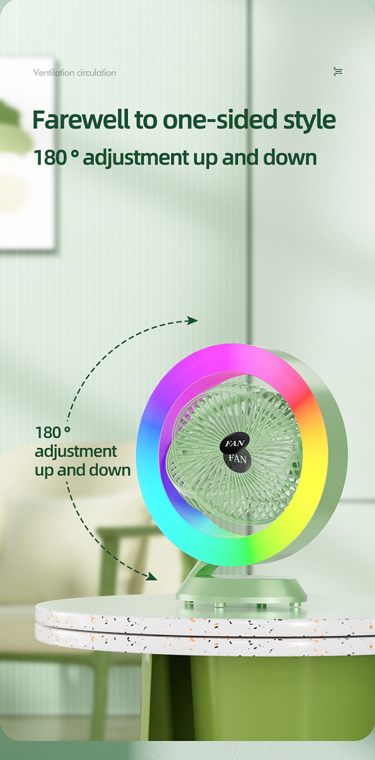 RGB Desktop Fan | White | USB Rechargeable | 3-Speed | 180° Adjustable | LED Light