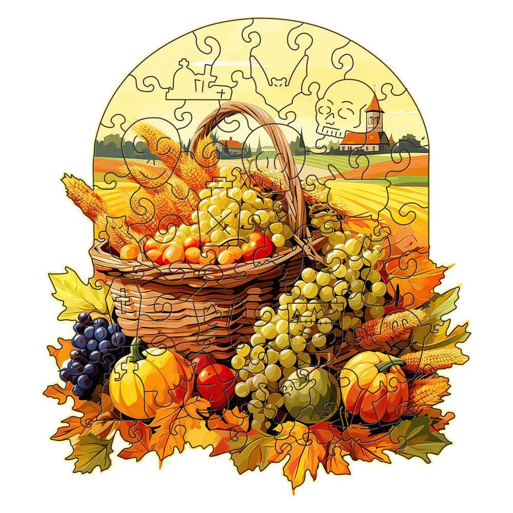 Wooden Jigsaw Puzzle | Fruit & Veggie Basket | Thanksgiving Design | Size S