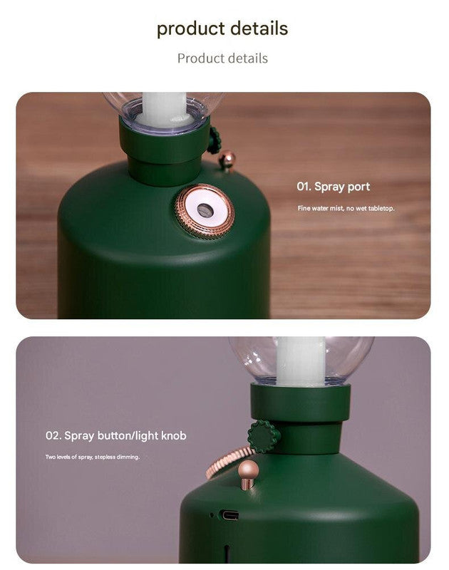 Retro Kerosene Lamp Humidifier | Green | Rechargeable | Cool Mist with Dimmable Light