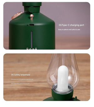 Retro Kerosene Lamp Humidifier | Green | Rechargeable | Cool Mist with Dimmable Light