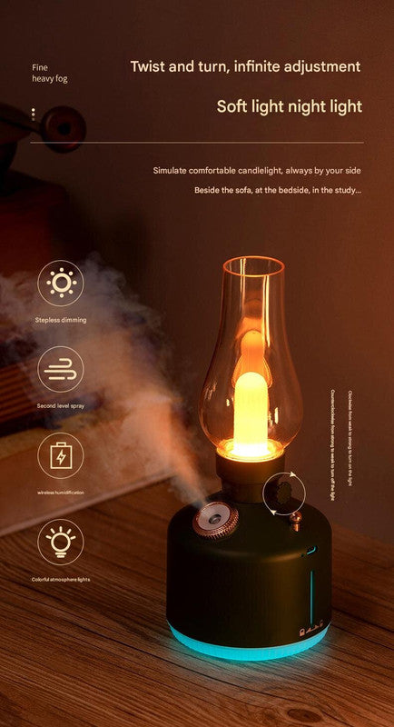 Retro Kerosene Lamp Humidifier | Black | Rechargeable | Cool Mist with Dimmable Light
