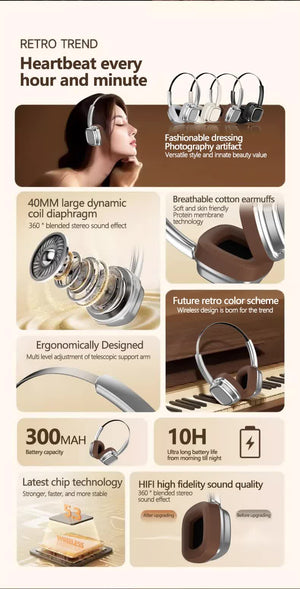 Silver & Brown Compact Retro Headphones | Wireless Bluetooth | Deep Bass | Immersive Sound