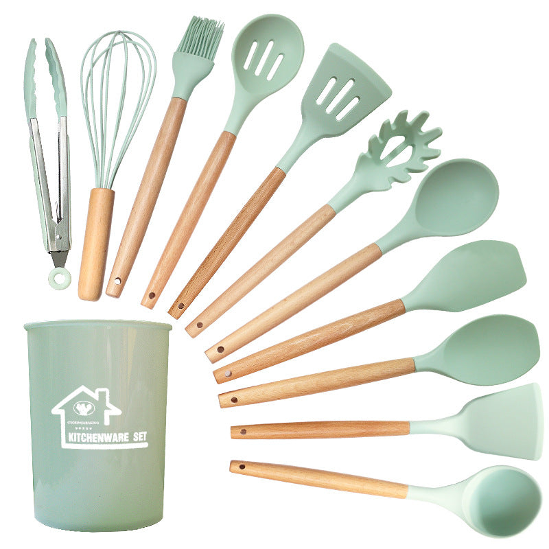 Silicone Kitchen Utensil Set | 12pc | Light Green & Brown | Non-Stick with Wooden Handles