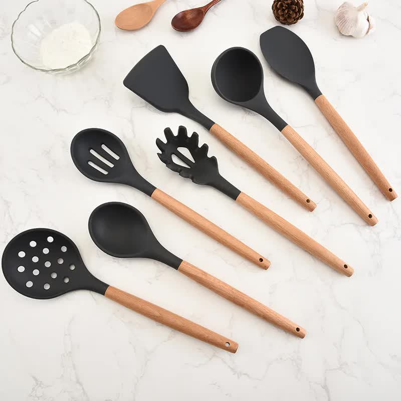 Silicone Kitchen Utensil Set | 12pc | Light Green & Brown | Non-Stick with Wooden Handles