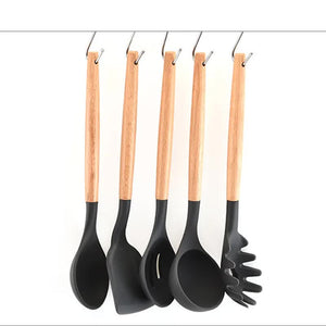 Silicone Kitchen Utensil Set | 12pc | Light Green & Brown | Non-Stick with Wooden Handles