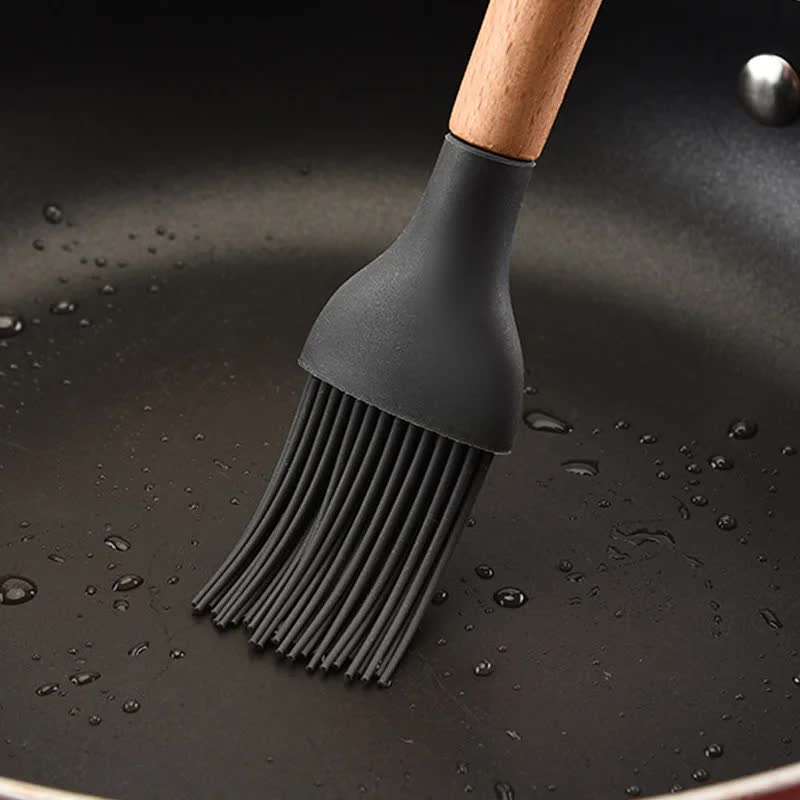 Silicone Kitchen Utensil Set | 12pc | Light Green & Brown | Non-Stick with Wooden Handles