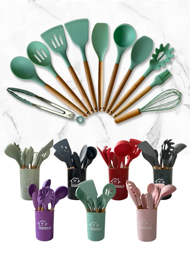 Silicone Kitchen Utensil Set | 12pc | Light Green & Brown | Non-Stick with Wooden Handles