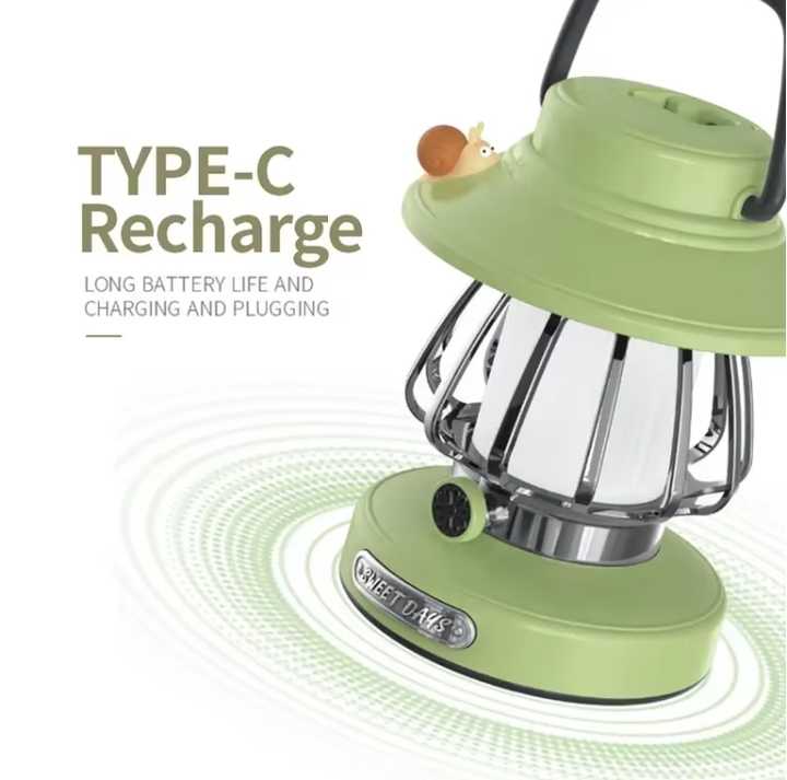 Green Retro Snail Night Light | Portable Rechargeable Camping Lantern | 3-Color Dimming | Hook