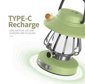Green Retro Snail Night Light | Portable Rechargeable Camping Lantern | 3-Color Dimming | Hook