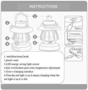 Purple Retro Snail Night Light | Portable Rechargeable Camping Lantern | 3-Color Dimming | Hook