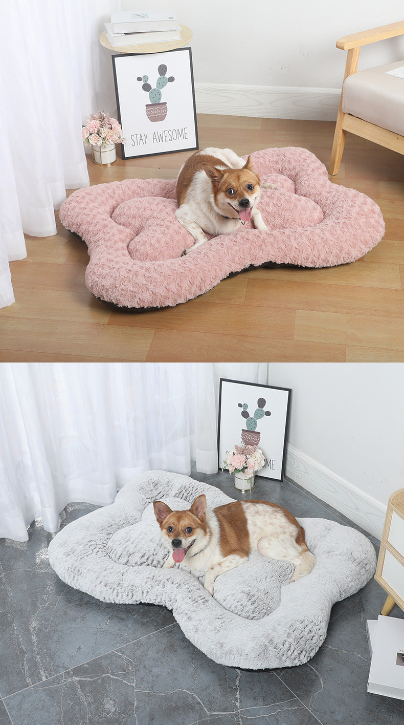 M Pink Rose Velvet Pet Bed | Fish Scale Design | Creative Bone-Shaped Cozy Nest for Pets
