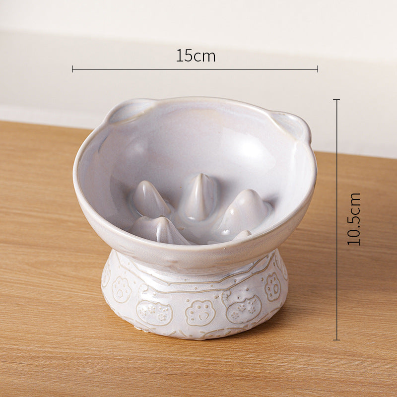 White Vintage Slow Feeder Ceramic Pet Bowl | Anti-Choke Wide-Mouth Design | Prevents Black Chin | For Cats & Dogs