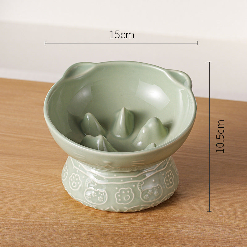 Green Vintage Slow Feeder Ceramic Pet Bowl | Anti-Choke Wide-Mouth Design | Prevents Black Chin | For Cats & Dogs