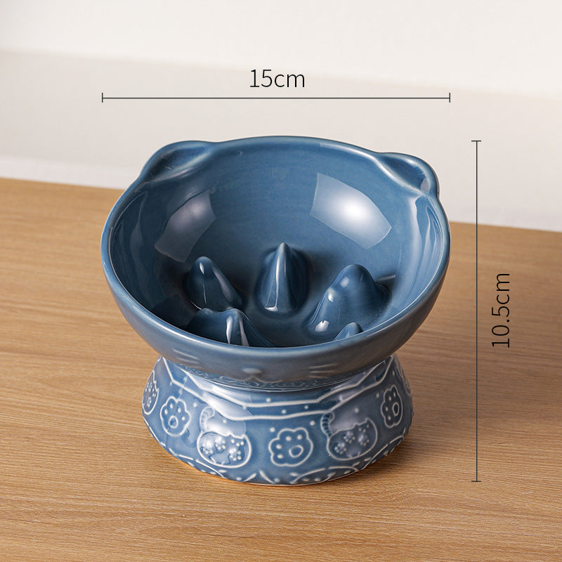 Blue Vintage Slow Feeder Ceramic Pet Bowl | Anti-Choke Wide-Mouth Design | Prevents Black Chin | For Cats & Dogs