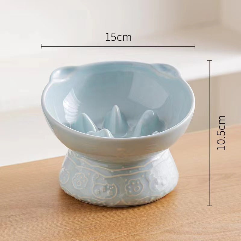 Light Blue Vintage Slow Feeder Ceramic Pet Bowl | Anti-Choke Wide-Mouth Design | Prevents Black Chin | For Cats & Dogs
