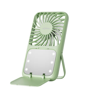 Green Portable Handheld Fan with Makeup Mirror | USB Rechargeable | 3-Speed Mini Fan for Summer Cooling