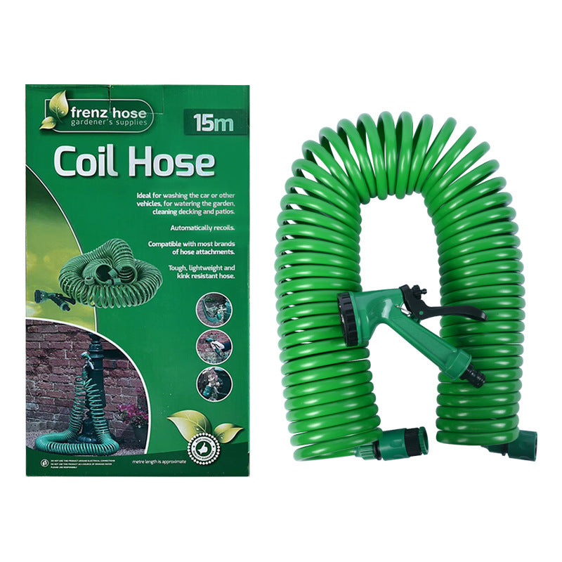 Retractable Garden Hose | 15m | EVA Spring Hose | 5-Function Spray Gun | Burst-Proof