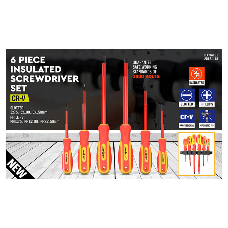6pc Insulated Screwdriver Set | 1000V Rated | CR-V Steel | Magnetic Tips | Wall Rack