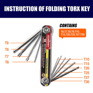 10pc Folding Torx Key Wrench Set | T6–T30 | Star Keys | Portable Multi-Tool | Silver