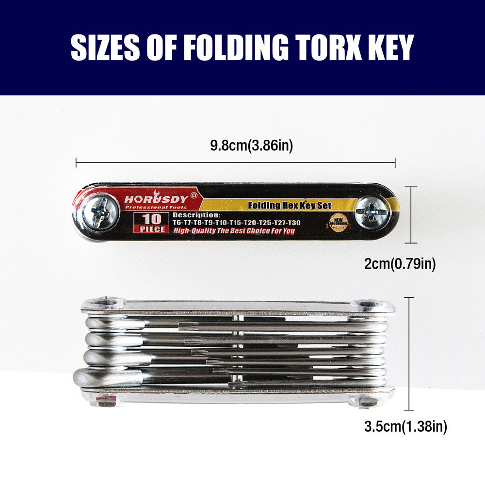 10pc Folding Torx Key Wrench Set | T6–T30 | Star Keys | Portable Multi-Tool | Silver