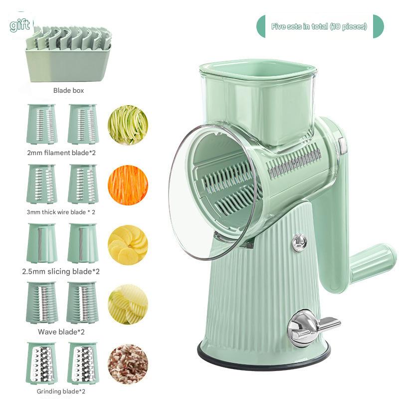 Rotary Vegetable Slicer & Grater | Multi-Function | 5 Blade Types | 10-Piece Set + Storage | Green