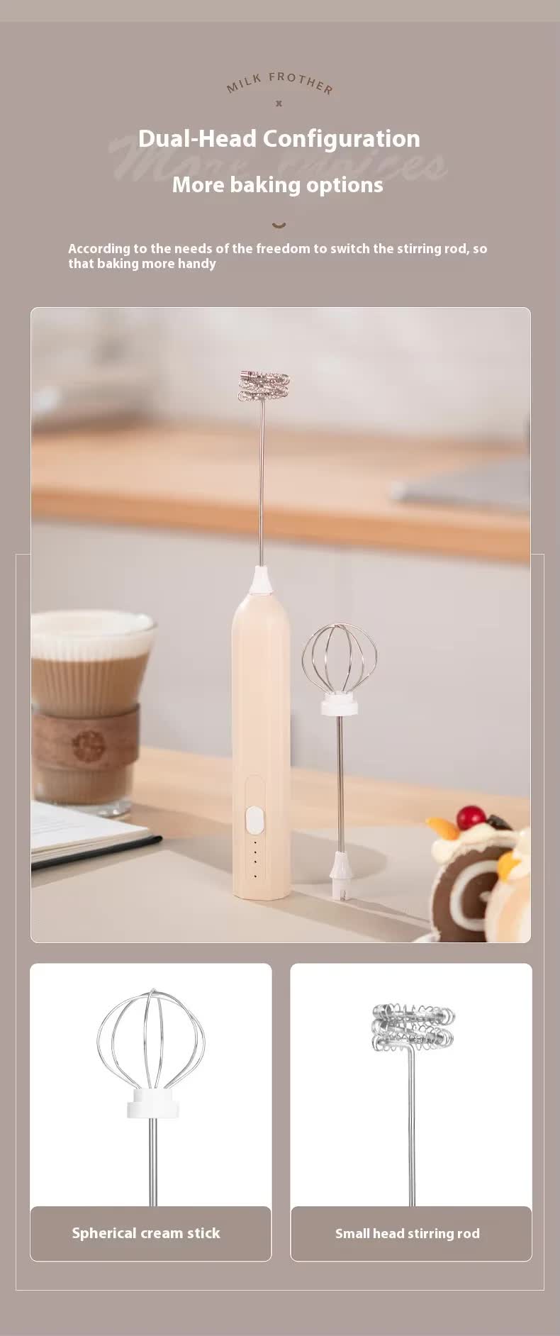 Mini Hand Mixer | Rechargeable | Frother + Whisk Heads | Black