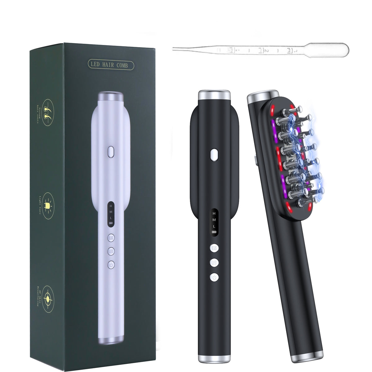 Scalp Massager Comb | Black | LED Therapy | Vibration | Oil Infuser | Hair Growth