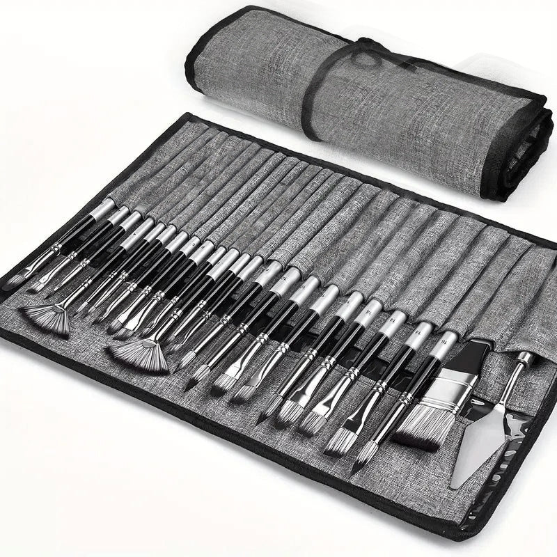 24pc Artist Paint Brush Set | Nylon Hair | Acrylic Watercolour Oil | With Roll-Up Case