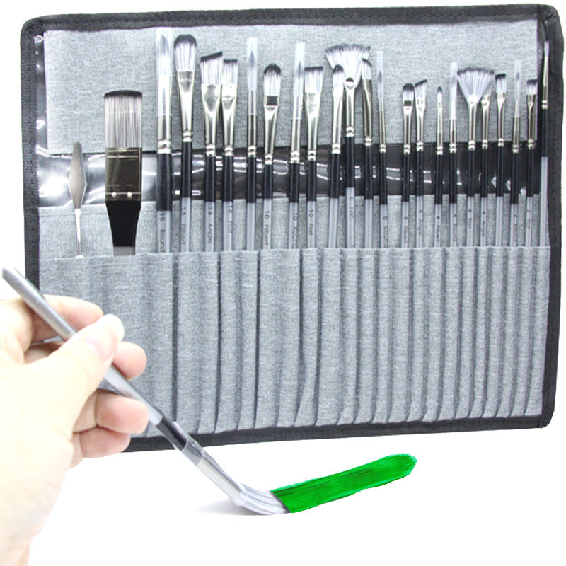 24pc Artist Paint Brush Set | Nylon Hair | Acrylic Watercolour Oil | With Roll-Up Case