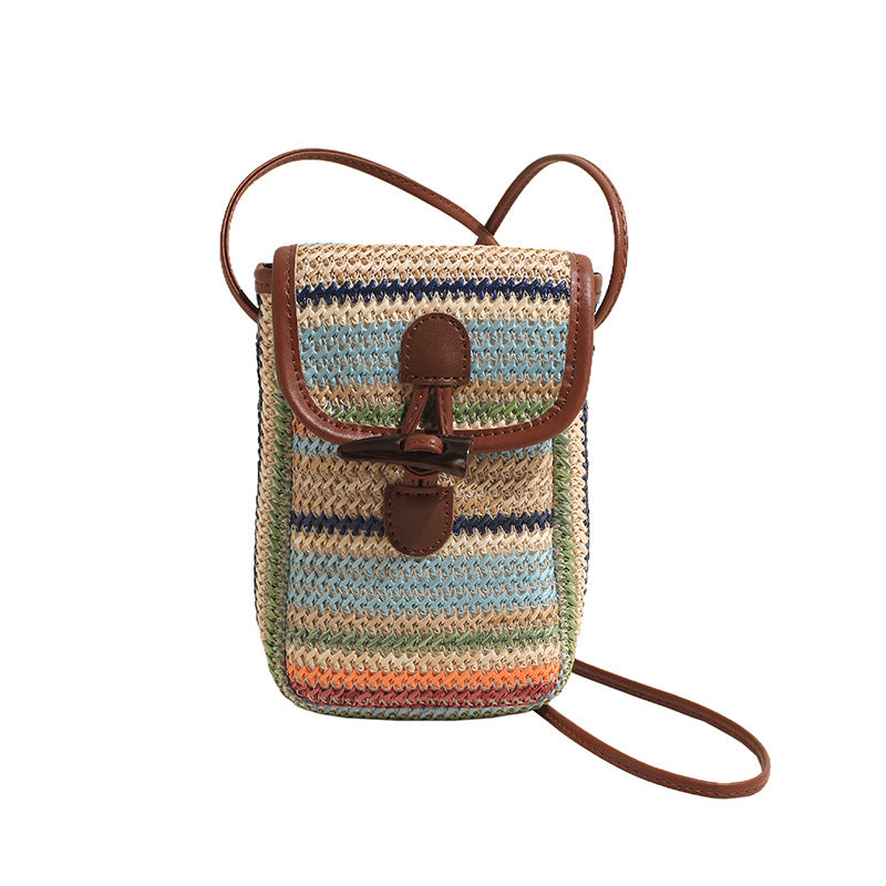 Boho Straw Crossbody Bag | Blue & Khaki | Striped Mini Pouch | Toggle Closure