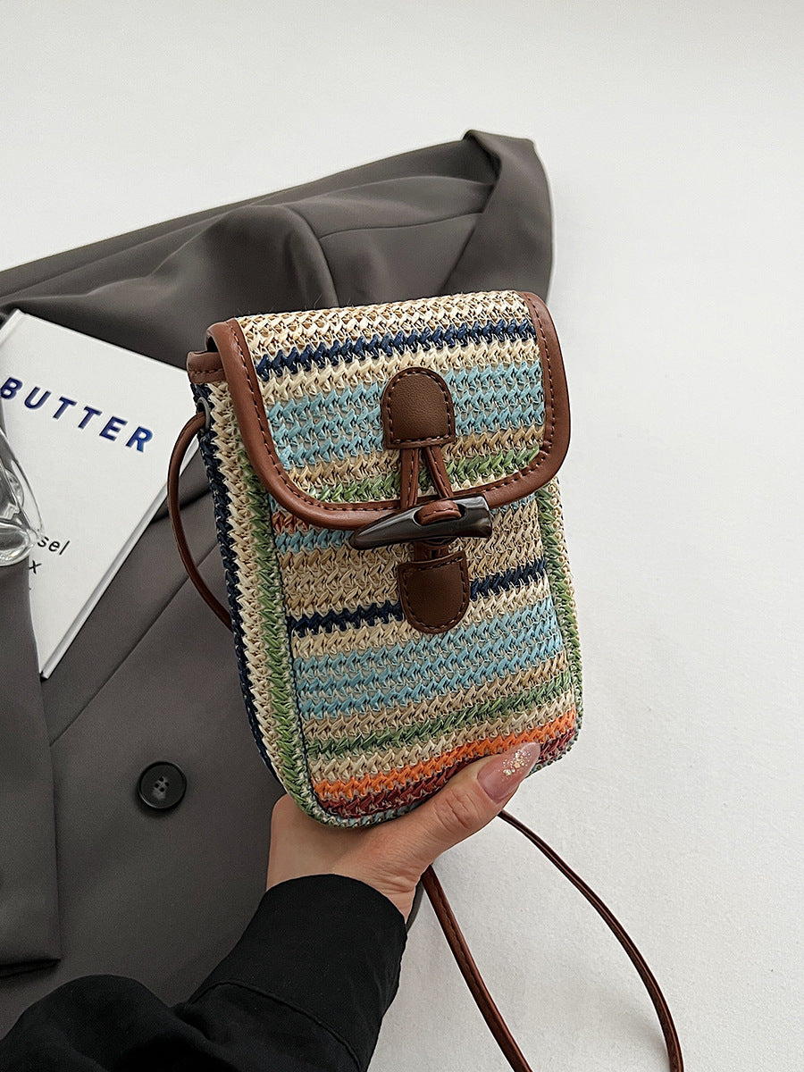 Boho Straw Crossbody Bag | Blue & Khaki | Striped Mini Pouch | Toggle Closure