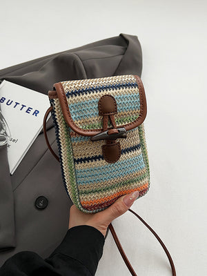 Boho Straw Crossbody Bag | Blue & Khaki | Striped Mini Pouch | Toggle Closure