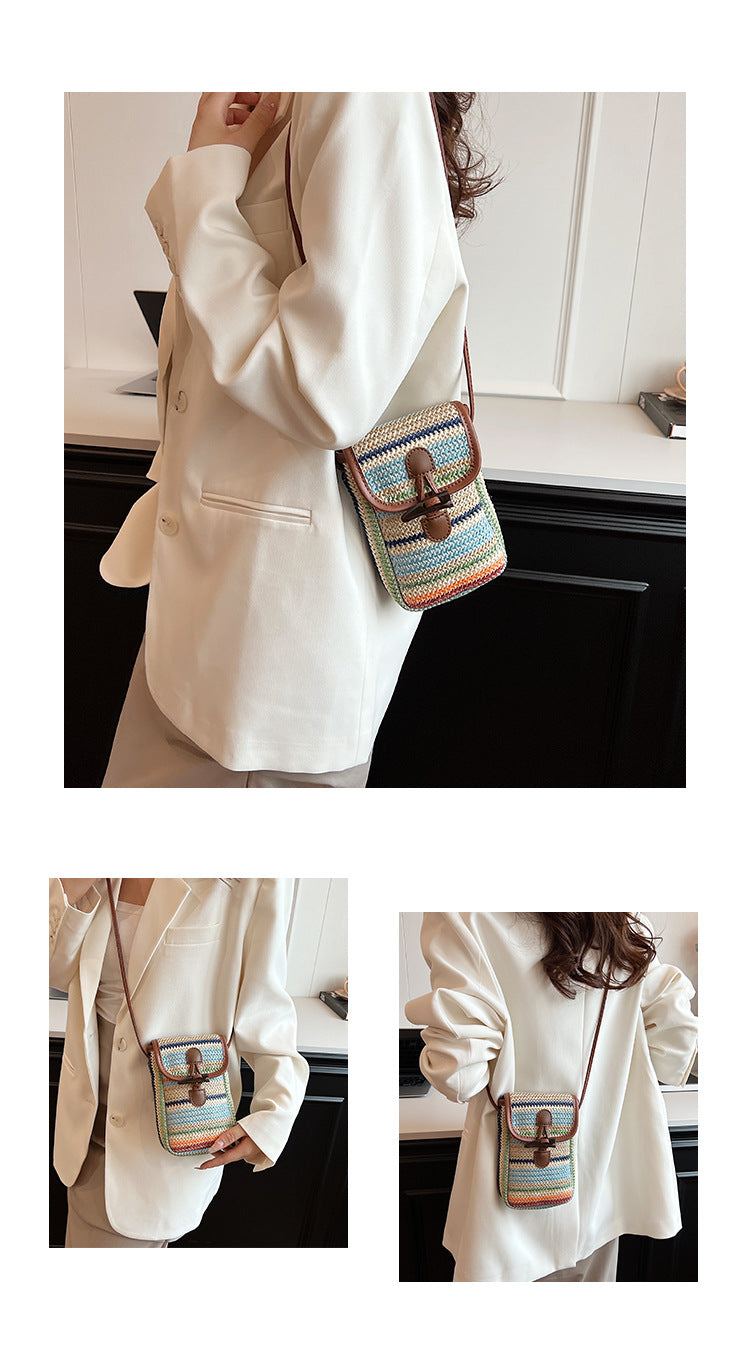 Boho Straw Crossbody Bag | Blue & Khaki | Striped Mini Pouch | Toggle Closure