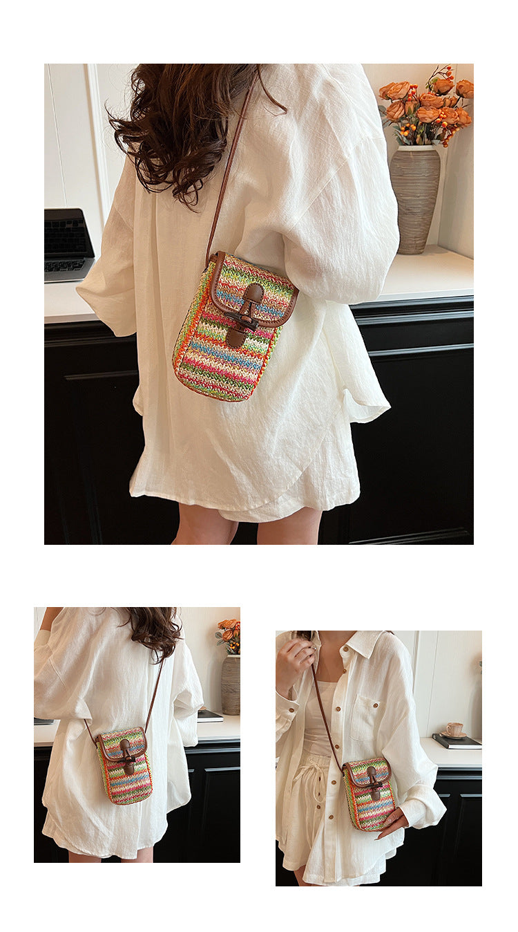 Boho Straw Crossbody Bag | Blue & Khaki | Striped Mini Pouch | Toggle Closure