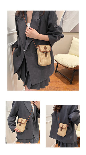 Boho Straw Crossbody Bag | Blue & Khaki | Striped Mini Pouch | Toggle Closure