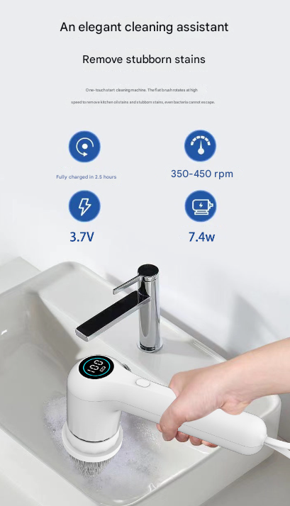 Electric Spin Scrubber | Rechargeable | 5 Heads | Waterproof | Digital Display | White